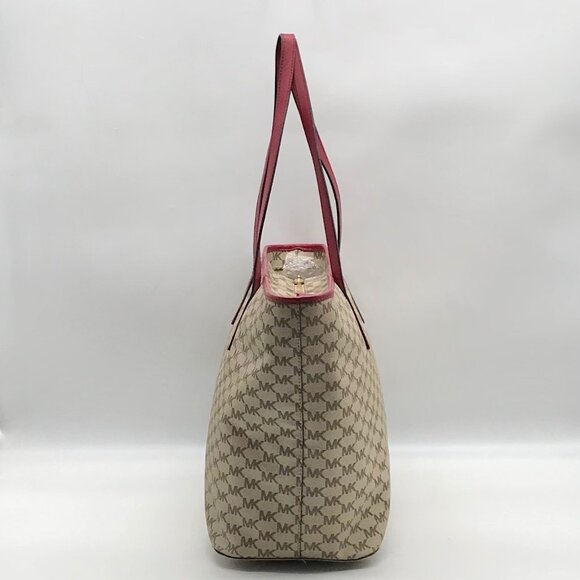 Michael Kors Beige Canvas And Red Leather Trim Monogram Tote Bag - Picture 3 of 10